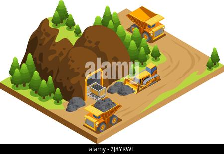 Isometric coal extraction industry template with dump trucks transporting resources and bulldozer working near mine isolated vector illustration Stock Vector