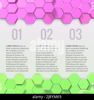 Business infographics with text numbered steps pink and green 3d hexagons on white background vector illustration Stock Vector