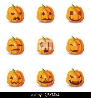 Set of nine isolated halloween pumpkin icons with emotions emoji smileys with shadows on blank background vector illustration Stock Vector