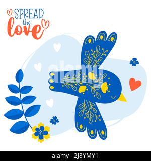 Decorative blue bird with floral pattern and English text Spread love. Vector illustration. Motivational card, valentine, for decor, design and Stock Vector