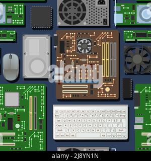 Spare part for personal computer. Keyboard and mouse. Seamless pattern. PC or laptop accessories. Board RAM memory Power supply hard drive. Motherboar Stock Vector