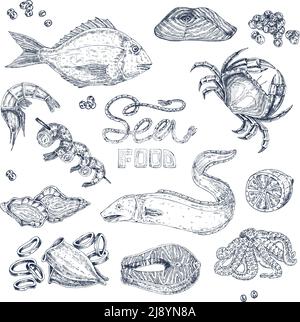 Set of isolated monochrome sketches with seafood including fishes squid and shrimps caviar and crab vector illustration Stock Vector