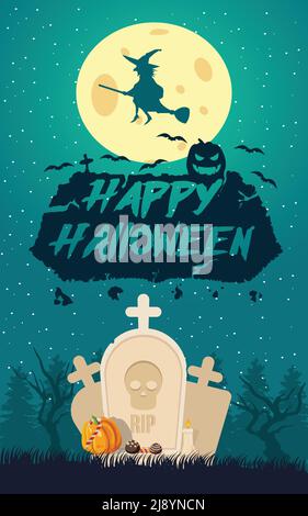 Flat background with starry night sky on cemetery with gravestones pumpkin and witch silhouette in front of moon vector illustration Stock Vector