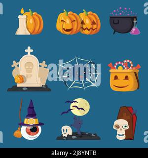 Set of nine isolated colorful halloween holiday icons with gravestones spider pumpkins symbols on blue background vector illustration Stock Vector