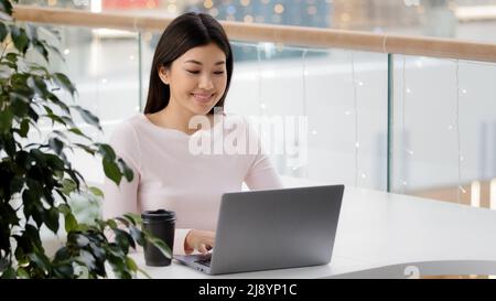 Asian girl student distant e-learning online education in cafe with laptop businesswoman freelancer journalist programmer sitting in cafeteria drinkin Stock Photo