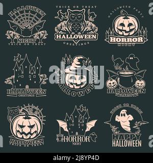Halloween monochrome emblems with holiday symbols and animals on black background isolated vector illustration Stock Vector