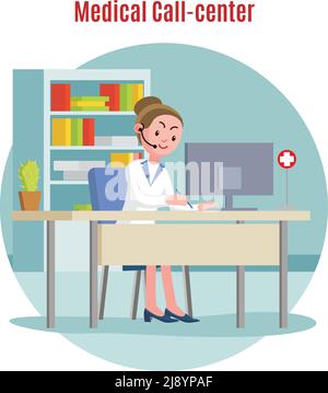 Emergency call center concept with medical helpline operator wearing headset sitting at table and consulting people vector illustration Stock Vector