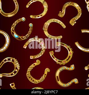 Gold decorative ornate horseshoes seamless pattern in cartoon style on red background vector illustration Stock Vector