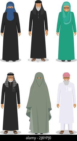 Detailed illustration of different standing arab senior man and woman in the traditional national muslim arabic clothing isolated on white background Stock Vector