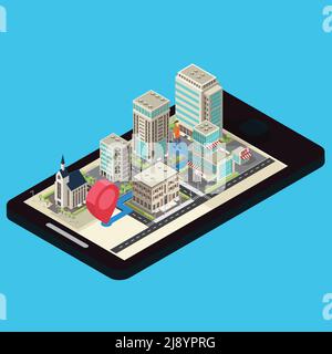 Isometric mobile navigation template with traveler modern city route and pin on blue background isolated vector illustration Stock Vector