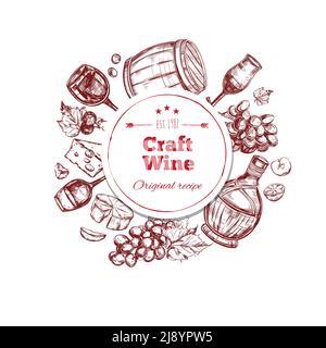 Red wine craft production concept with ingredients barrel bottle and glass in hand drawn style isolated vector illustration Stock Vector