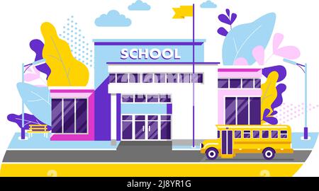 Trendy school, college building on city street background, with bus and front yard. Stock Vector