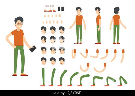 Flat character creation set with different emotions leg hand positions gestures sneakers glasses and phones isolated vector illustration Stock Vector