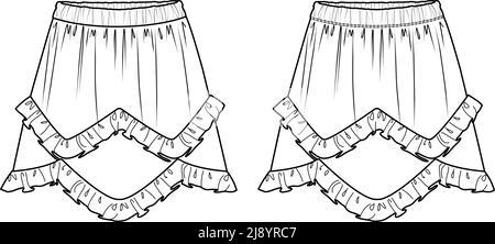 Vector flared mini skirt with frills technical drawing, woman skirt with elasticized waistband fashion cad, sketch, template, mock up. Jersey or woven Stock Vector