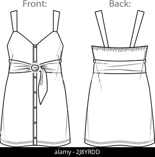 Vector dungaree dress fashion CAD, woman sleeveless mini dress technical drawing with wide straps, template, flat, sketch, mock up.  Jersey or woven f Stock Vector