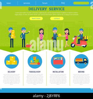 Landing page template for website of delivery company with list of services in flat style vector illustration Stock Vector