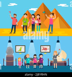 People on excursion horizontal banners with tourists attending egyptian sightseeing and children visiting historical museum vector illustration Stock Vector