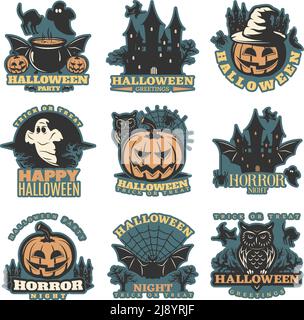 Halloween colored emblems of greetings and parties with holiday elements and traditional sayings isolated vector illustration Stock Vector