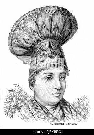 Engraving of a bride wearing a traditional wedding crown from east Switzerland, circa 1880 Stock Photo