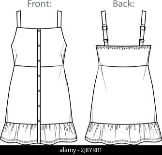 Vector dungaree dress fashion CAD, woman sleeveless mini dress technical drawing with wide straps, template, flat, sketch, mock up.  Jersey or woven f Stock Vector