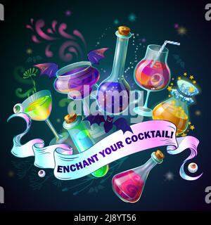 Magic Bottles colored composition with poison flask and headline enchant your cocktail vector illustration Stock Vector