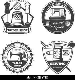 Monochrome tailor emblems set with sewing machine equipment and tools in vintage style isolated vector illustration Stock Vector