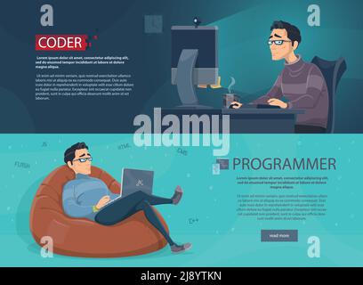Freelance workplace horizontal banners with working programmers on laptops at home vector illustration Stock Vector