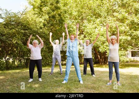Group of seniors doing gymnastics or aerobics in summer in park for fitness and health in old age Stock Photo