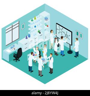 Isometric biological science laboratory template with group of working scientists furniture and scientific equipment vector illustration Stock Vector