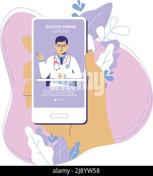 Patient holding smart phone with young physician on screen. Medical consultation and diagnosis. Stock Vector