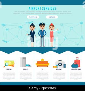 Main airport page template for website with services and advantages of airline company vector illustration Stock Vector