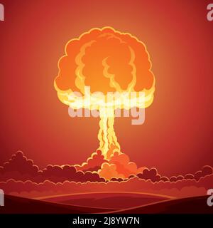 Nuclear bomb explosion template with bright mushroom cloud and smoke effect in comic style vector illustration Stock Vector