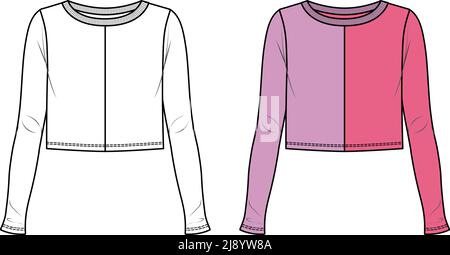 Vector color block long sleeved t shirt fashion CAD, woman winter round neck crop top technical drawing, template, sketch, flat, mock up. Jersey moder Stock Vector