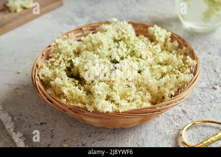 Fresh wlder flowers collected in spring in a basket Stock Photo