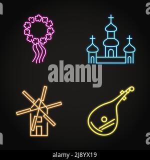 Neon Ukrainian national symbols icon set. Windmill, christian church, floral wreath and bandura symbols. Vector illustration. Stock Vector