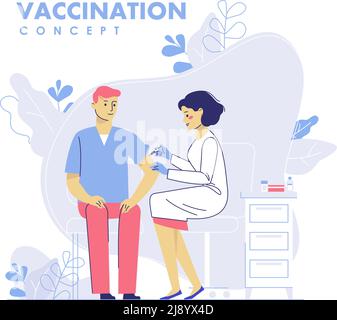 Doctor makes an injection of flu vaccine to a man in hospital. Healthcare, medical treatment, prevention and immunize. Stock Vector