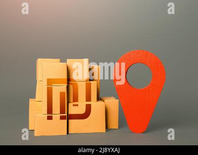 Boxes with israeli shekel symbol and red location pin. Domestic ...