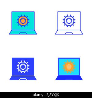 Computer monitor with virus symbol icon set in flat and line style. Infected laptop symbol. Vector illustration. Stock Vector