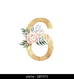 Golden number 6 with a bouquet of pink roses on a white isolated background. Hand-drawn watercolor illustration Stock Photo