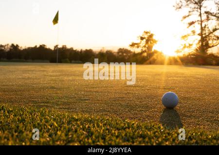 Sunlight streaming through trees and golf ball on grassy land against clear sky during sunset Stock Photo