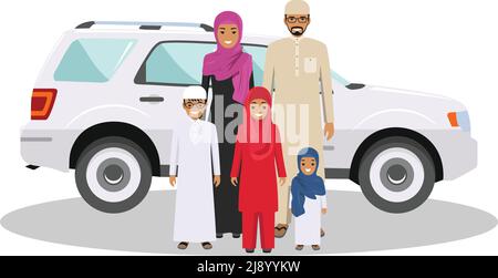 All age group of arab man family. Generations man. Arab people father, mother, son and daughter, standing together in traditional islamic clothes near Stock Vector