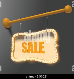 Neon bright signboard poster with sale inscription and glowing lamps hanging on chains vector Illustration Stock Vector
