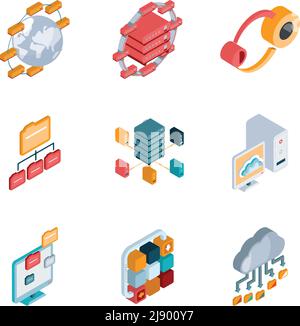 Isometric Big data analysis colorful icons on the white background. Vector and illustration Stock Vector
