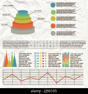 Flat chart infographic with different charts and graphs in background with effect of crumpled paper vector illustration Stock Vector