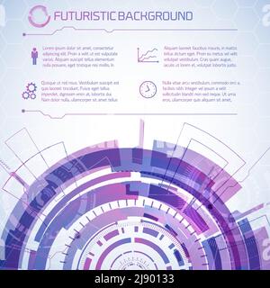 Modern virtual technology background with half of futuristic detailed circle and editable text paragraphs with decorative icons vector illustration Stock Vector