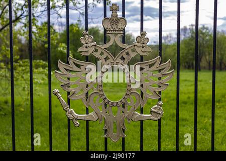 Moscow, Russia - May 14, 2022: metal coat of arms with a double-headed eagle. High quality photo Stock Photo