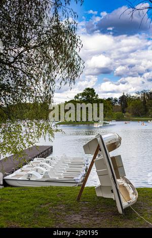 Moscow, Russia - May 14, 2022: rowing catamaran is under repair on land. High quality photo Stock Photo