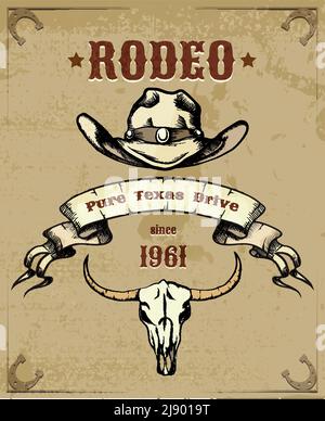 Rodeo Themed Graphic with Cowboy Hat and Cattle Skull Stock Vector