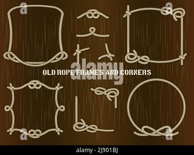 Set of Old Rope Frames and Corners in Different Unique Styles on Abstract Brown Background. Stock Vector