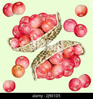 Ripe red apples in a wicker basket and lying in groups on a yellow square background Stock Photo